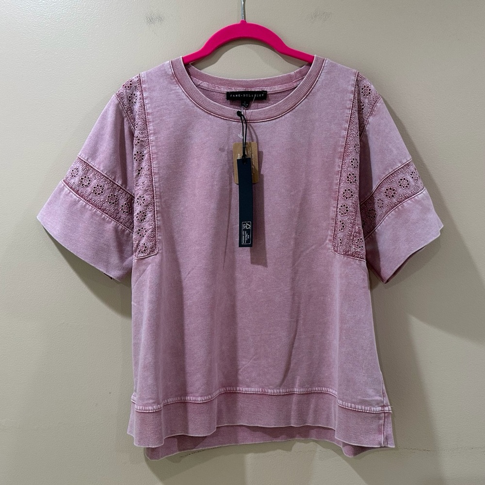 Jane And Delancey Washed Pink Eyelet Lace Sleeve Sweatshirt Tee Womens S NWT